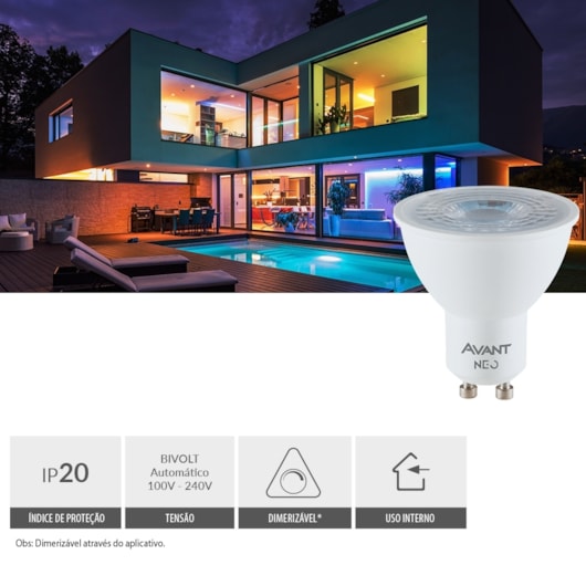 Lâmpada Inteligente LED Smart Wi-Fi Dicroica MR16 NEO 5W Luz Dimerizável Amarela-Branca Base GU10 Bivolt Avant - Imagem principal - 56685b69-e1f2-4b80-8022-81b94b991b41