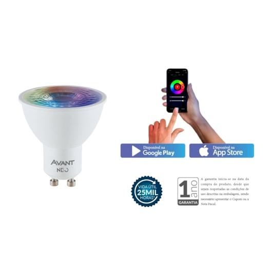 Lâmpada Inteligente LED Smart Wi-Fi Dicroica MR16 NEO 5W Luz Dimerizável Amarela-Branca-RGB Base GU10 Bivolt Avant - Imagem principal - 819f5650-451e-4ac6-9c88-53a6c2b0786b