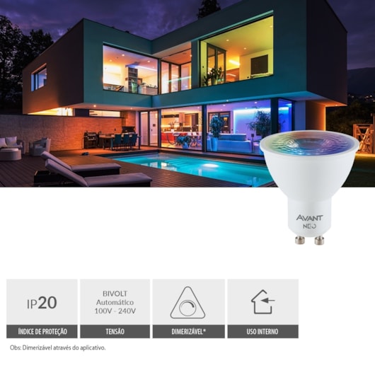 Lâmpada Inteligente LED Smart Wi-Fi Dicroica MR16 NEO 5W Luz Dimerizável Amarela-Branca-RGB Base GU10 Bivolt Avant - Imagem principal - c60c90e5-9bd6-488c-ac97-6c4e2622e8e5