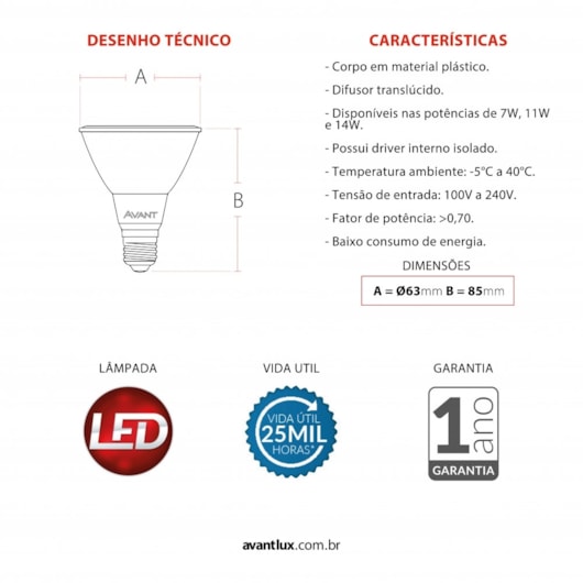 Lâmpada Led Par 20 7w 2700k Emissão de Luz Amarela Bivolt Avant 525lm - Imagem principal - 09979269-48dd-4578-b76e-cc2b9f163afe