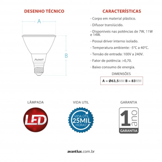 Lâmpada LED Par20 7w Luz Branca 6500k Base E27 Bivolt Avant - Imagem principal - 986cf382-52fc-4449-b931-a906cbd8e79c