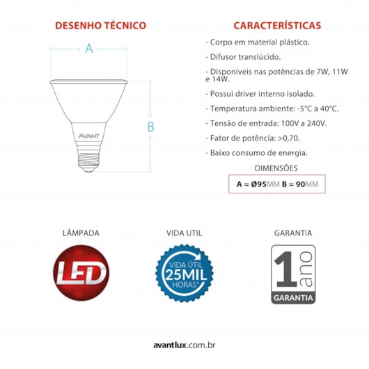 Lâmpada Led Par30 11w 2700k Emissão de Luz Amarela Bivolt Avant  - Imagem principal - 6fa0830a-bb69-49ab-a349-58297a9df762