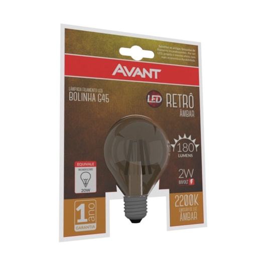 Lampada LED Retro G45 Bolinha 2W Luz Ambar 2200K Base E27 Bivolt Avant - Imagem principal - 1d3a565a-dc82-452c-8ac5-89bd2b690868