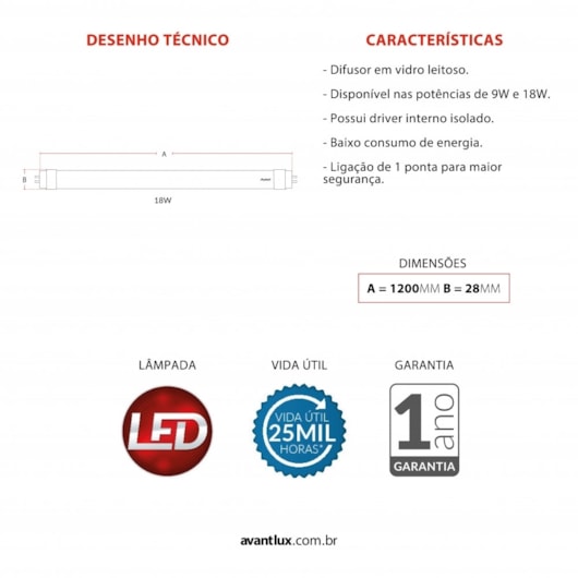 Lampada LED Tubular T8 18W Luz Amarela 3000K Base G13 Bivolt 1,2mts Avant - Imagem principal - 7b3cec04-5f77-41b5-b7e1-7c662fe95c54