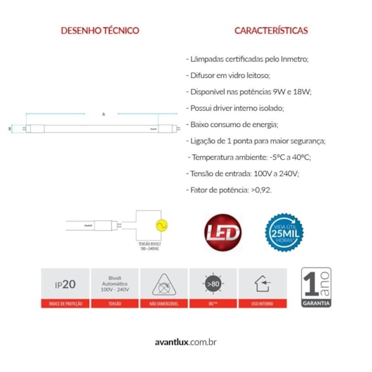 Lampada LED Tubular T8 9W Luz Amarela 3000K Base G13 Bivolt 60cm Avant - Imagem principal - 68fda82d-1ceb-4ba0-bad4-04c60ae7ee57