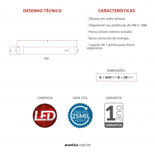 Lampada LED Tubular T8 9W Luz Neutra 4000K Base G13 Bivolt 60cm Avant - Imagem principal - 10b82b81-14de-41f2-a505-52091425ffc5