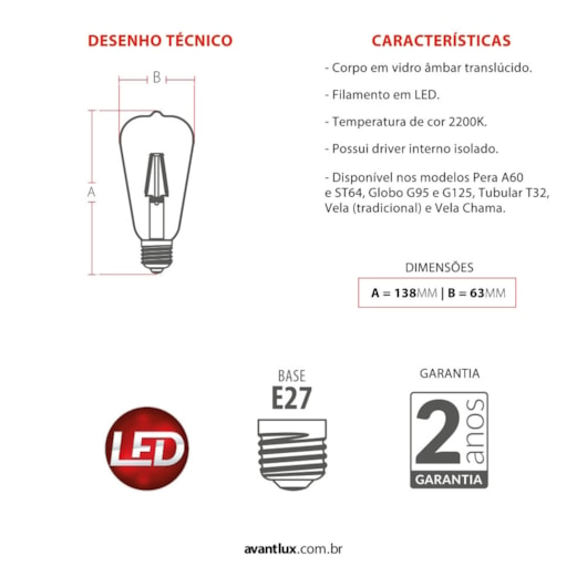 Lâmpada Pêra Retro St64 Emissão De Luz Âmbar Bivolt Avant 4w 2200k - Imagem principal - 40039e19-096c-4c20-b8cf-e8548116cd0c