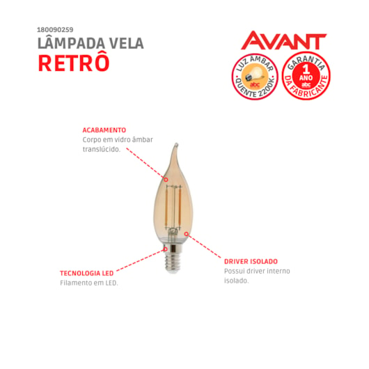 Lâmpada Vela Retrô Chama 2w 2200k 127v Emissão De Luz Âmbar E14 Avant - Imagem principal - 329f5e1f-2adb-4ead-916c-576bd0d8d0ff