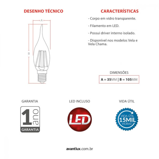 Lâmpada Vela Retrô Chama 2w 2200k 127v Emissão De Luz Âmbar E14 Avant - Imagem principal - ef54e35c-96a9-4ad6-891e-28f17bd13ed9