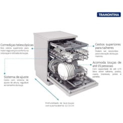 Lava-Louças Inox 15 Serviços com 8 Programas e 6 Funções 220V Tramontina S15X 60