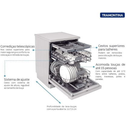 Lava-Louças Inox 15 Serviços com 8 Programas e 6 Funções 220V Tramontina S15X 60