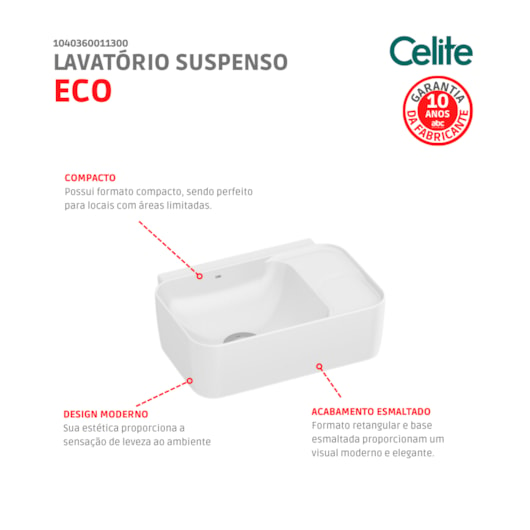 Lavatório Suspenso Eco 40x30cm Branco Celite - Imagem principal - 801e86c7-a45b-4611-8135-a1eae993f731