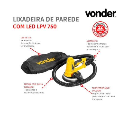 Lixadeira De Parede Com Led LPV 750 220V Vonder                                                  - Imagem principal - 8d360a5b-5c26-4e0a-8ec9-33fdc9d73789