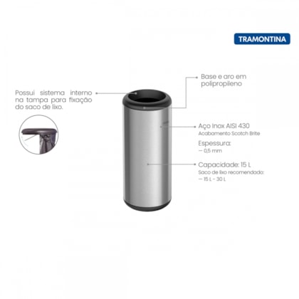 Lixeira Capsula Em Inox S/Tampa Tramontina 15L