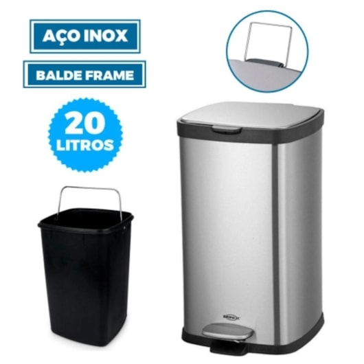 Lixeira Com Pedal E Balde Frame Inox Brinox 20L - Imagem principal - a315930a-9133-4339-8c8d-3efc689ebc6f