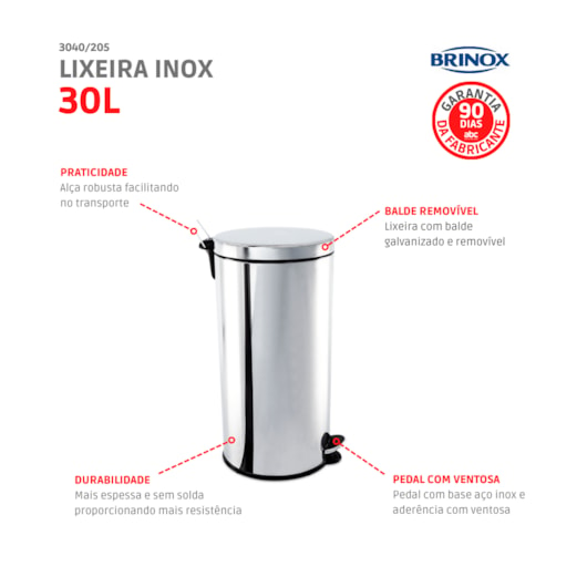 Lixeira Com Pedal e Balde Inox Brinox 30 Litros  - Imagem principal - 93e22fd4-7173-4a19-b557-b61e32723102