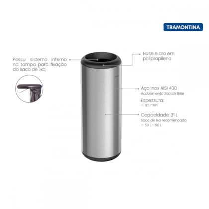 Lixeira Em Inox Capsula S/Tampa Tramontina 31L