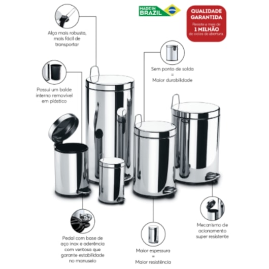 Lixeira Inox Com Pedal e Balde 20 Litros Brinox - Imagem principal - 6715daff-778c-48de-a2ae-8f40254c5b27