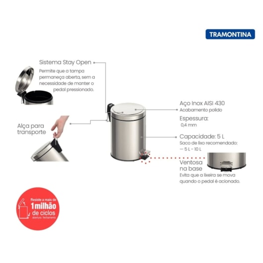 Lixeira Inox Com Pedal Tramontina Brasil Plus Com Acabamento Scotch Brite E Balde Interno Removível 5 L - Imagem principal - a94fd3cf-7882-4eb3-9917-2ef3999a990b