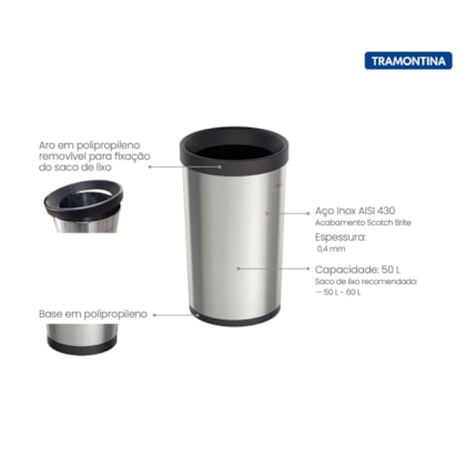 Lixeira Inox Molise sem Tampa com Acabamento Scotch Brite Base e Aro em Polipropileno 50 L Tramontina