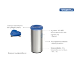 Lixeira Inox Piemonte com Acabamento Scotch Brite e Tampa Basculante Azul em Polipropileno 40 L Tramontina