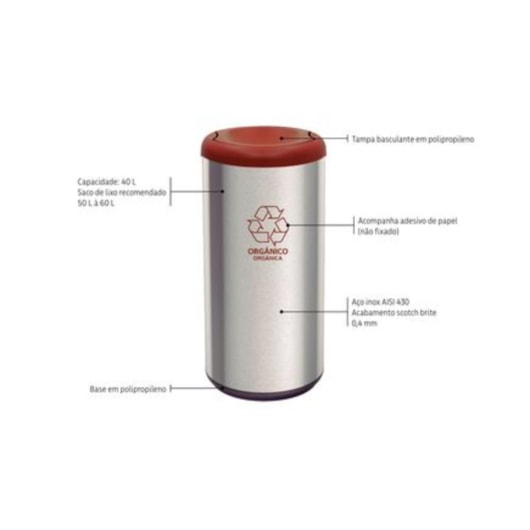 Lixeira Inox Piemonte com Acabamento Scotch Brite e Tampa Basculante Marrom em Polipropileno 40 L Tramontina - Imagem principal - fded08cd-523f-43bd-b280-6fe276817e57