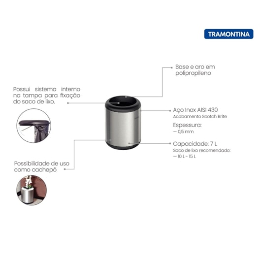 Lixeira Inox Portofino com Acabamento Scotch Brite e Aro e Base em Polipropileno 7 L Tramontina - Imagem principal - de3899f5-a32e-4f37-91d0-fd4a3c8a0adc