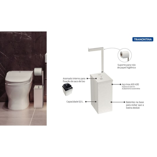 Lixeira Inox Slim 5.5 Litros E Suporte Para Papel Tramontina - Imagem principal - 9a64e46f-96c3-4412-9a71-bbf4e295c88f