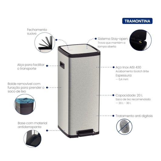 Lixeira Octos em Aço Inox com Balde Removível e Pedal Tramontina 20L - Imagem principal - bc9b626d-b94d-4843-8dc4-f935595be74d