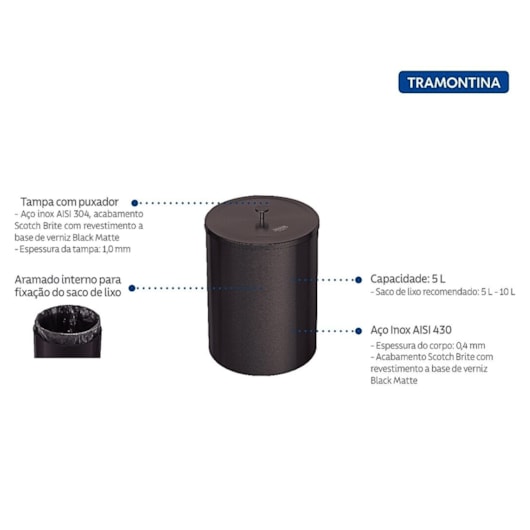 Lixeira Útil em Aço Inox Scotch Brite  Black Matte 5 L Tramontina - Imagem principal - c2fecb59-0ad6-4645-9cb3-1d0709cc81e7