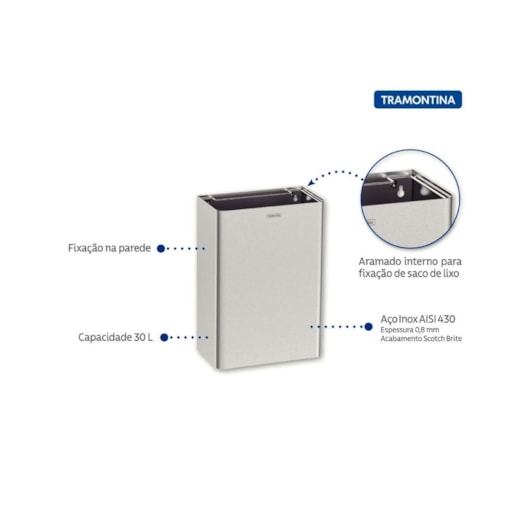 Lixeira Wall Em Aço Inox Tramontina 30L - Imagem principal - 80184d34-4b96-435e-83ba-9a03d39b401d