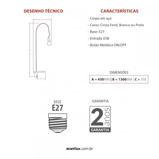 Luminária Coluna Aramis 1Xe27 Usb Cinza Avant - Imagem principal - c7768dbc-7f92-41c4-8456-02e081293cdf