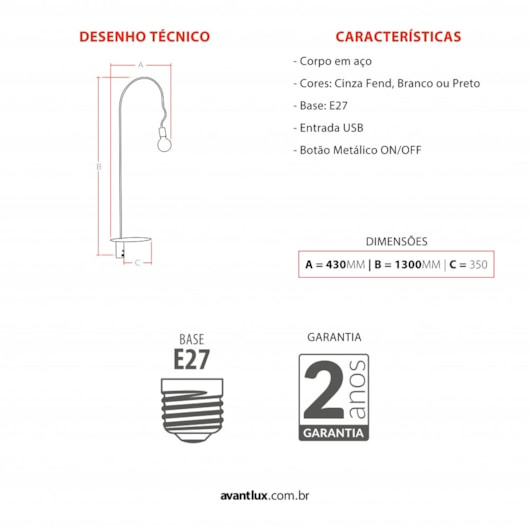 Luminária Coluna Aramis Preto Fosco Usb Avant 1xe27 - Imagem principal - d743608f-5f4d-42fc-828e-8b665945c69c