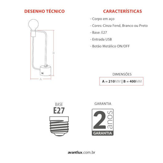 Luminária De Mesa Aramis Preto Fosco Usb Avant 1xe27 - Imagem principal - 3df1c11e-5f2b-4dca-ab20-23b8eb84ed5a