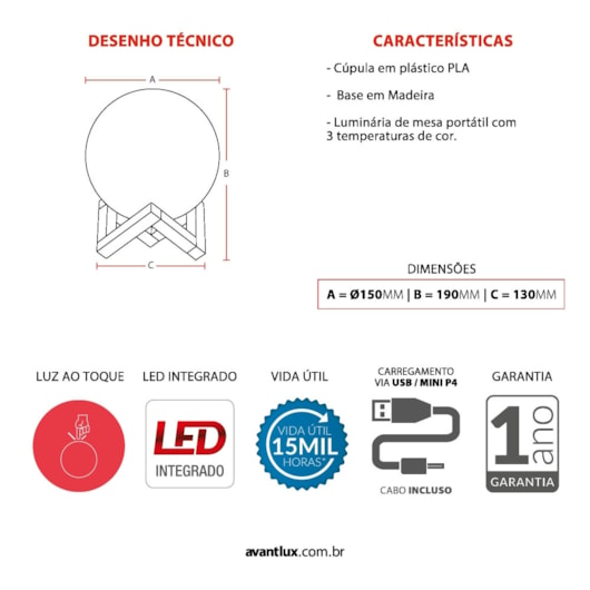 Luminária De Mesa Luna Bivolt Avant 1,5w - Imagem principal - 591456bd-2f64-4867-a700-6092a7a2316e