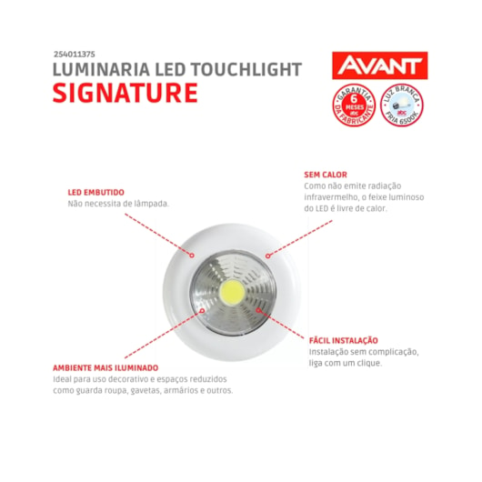 Luminária Led Touchlight Signature 1,5W Redonda Luz Branca 6500k 3 Pilhas AAA Avant - Imagem principal - 7d65892b-cb89-40f1-8336-f80c9450070b