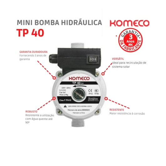 Mini Bomba Hidraúlica Pressurizadora de Água TP40 G4 Ferro 127V 60hz Komeco - Imagem principal - 24686eeb-42f0-4f05-8902-6d79157061d3