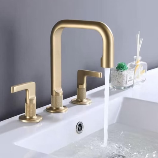 Misturador De Mesa Para Lavabo Duplo Comando Bica Alta Ouro Escovado Lexxa - Imagem principal - 896f9263-16b8-47e4-89c8-e845c9de68ac