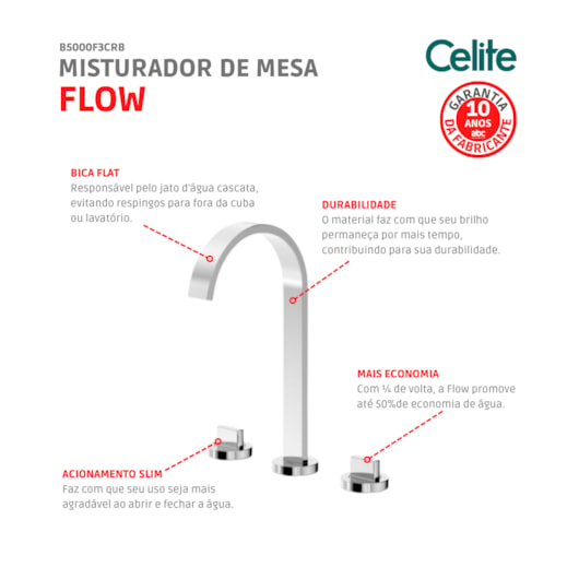 Misturador De Mesa Para Lavatório 3 Furos Bica Alta Flow Cromado Celite - Imagem principal - acb90722-f686-4f24-9cb5-b7eadb490555