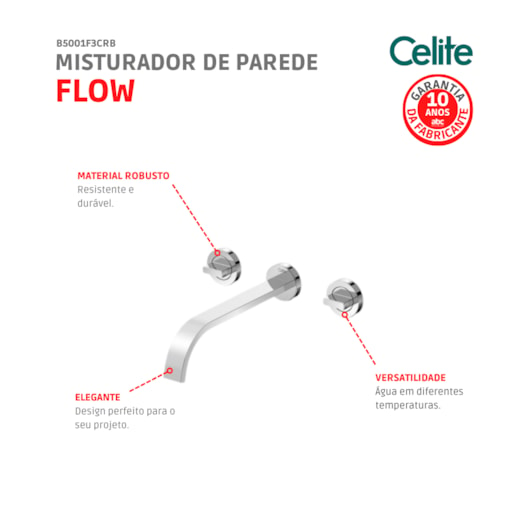 Misturador De Parede Para Lavatório C/ Válvula De Escoamento Flow Cromado Celite - Imagem principal - 087dc0cc-b07b-47fc-a6c4-c7a43b4d17ac