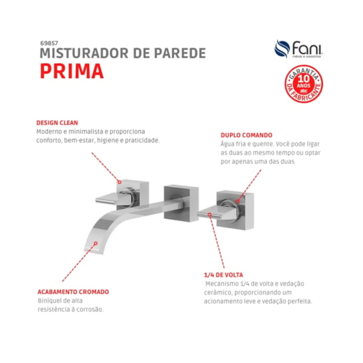 Misturador De Parede Para Lavatório Prima 1878 C210 DN 15 1/2 Cromado Fani - Imagem principal - 758805c5-9a1b-4e1e-beeb-54889bd43f23