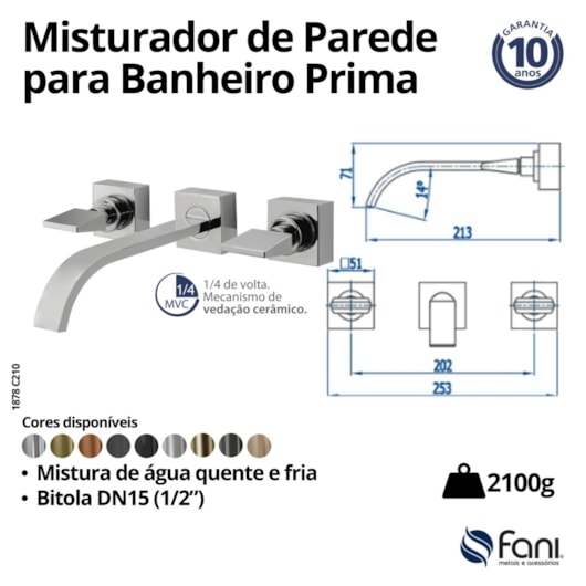 Misturador De Parede Para Lavatório Prima 1878 C210 DN 15 1/2 Cromado Fani - Imagem principal - a430091e-76e3-4bb3-957e-bf7c21094a78