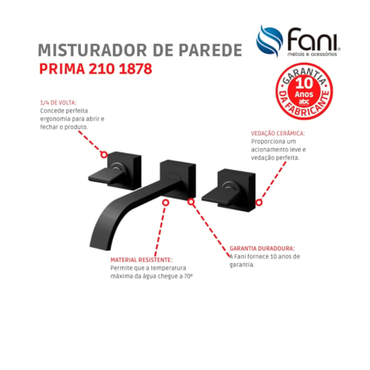 Misturador De Parede Para Lavatório Prima 210 Preto Fosco Fani - Imagem principal - 9c15d0ba-8712-4e62-8601-6c063f698995