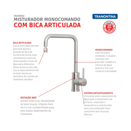 Misturador Monocomando Angolare Inox com Bica Articulada Tramontina - Imagem principal - f0da33d9-6869-4b4a-9a4d-3cdf4d6a1392