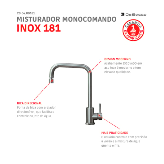 Misturador Monocomando De Mesa Para Cozinha Bica Alta 181 Inox Escovado Debacco  - Imagem principal - f4bb5dc9-5d48-4fba-820a-d968e9dc5cbc