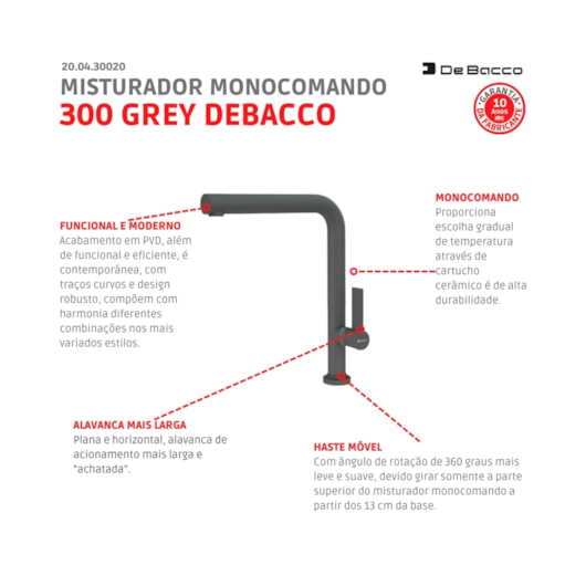 Misturador Monocomando De Mesa Para Cozinha Bica Alta 300 Grey Debacco - Imagem principal - c53ce6a8-3bec-40d4-b665-92c82ab06447