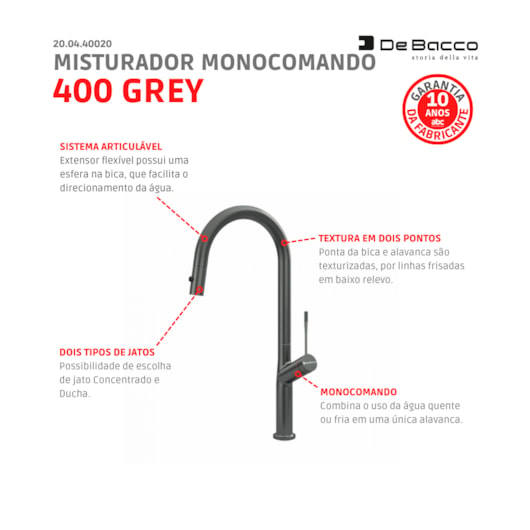 Misturador Monocomando De Mesa Para Cozinha Bica Alta 400 Grey Debacco - Imagem principal - de0a32c5-c8ee-45fa-b3c5-f6de2fa00ab5