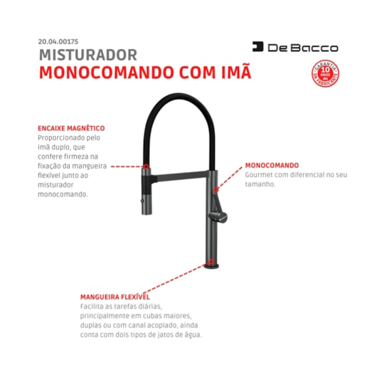 Misturador Monocomando De Mesa Para Cozinha Bica Alta Com Imã 175 Grey Debacco - Imagem principal - 2c8c1a7c-bc21-4ea8-ac7c-f150862942a8