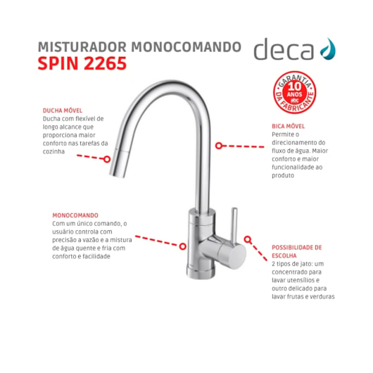  Misturador Monocomando De Mesa Para Cozinha Bica Alta Spin 2265 Cromada Deca - Imagem principal - 68548f01-287c-441b-9082-07386327f7ee