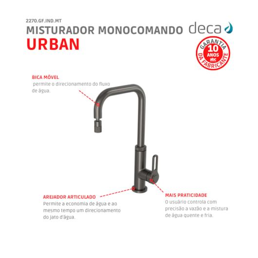 Misturador Monocomando De Mesa Para Cozinha Bica Móvel Urban Dark Antracite Deca - Imagem principal - 6f3fe29b-a6b8-4663-aa05-73d2dc86fdcd